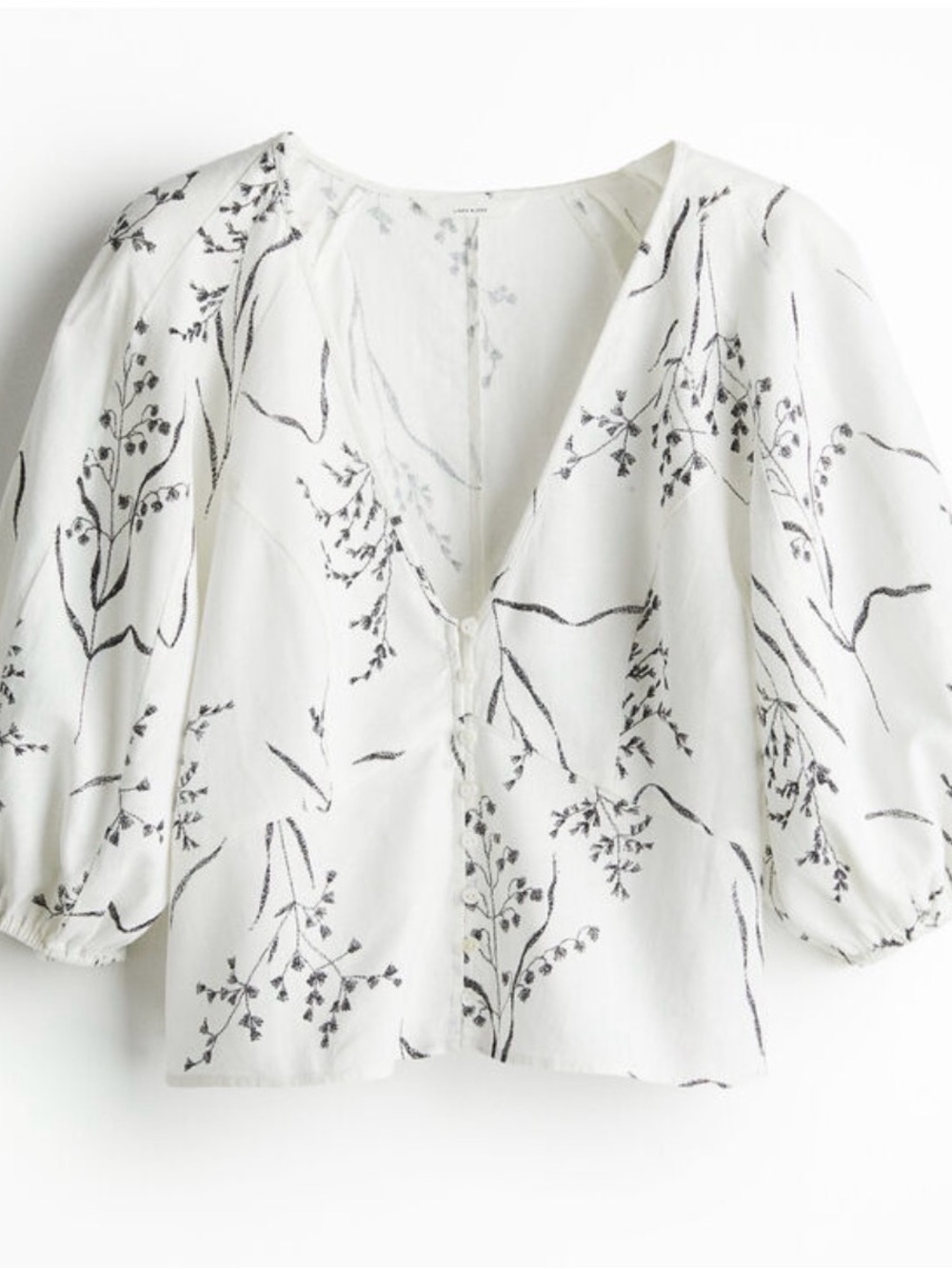 H&M White Floral Button-Front Puff Sleeve Blouse